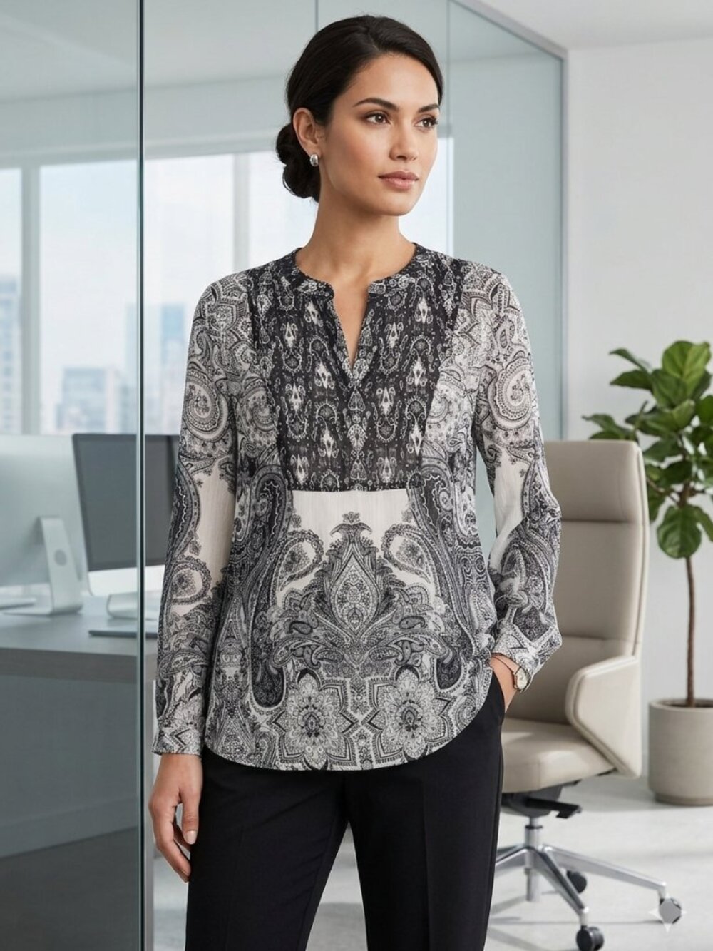 Fig & Flower Womenʻs XL Black & Off-White Paisley V-Neck Sheer Long Sleeve Top